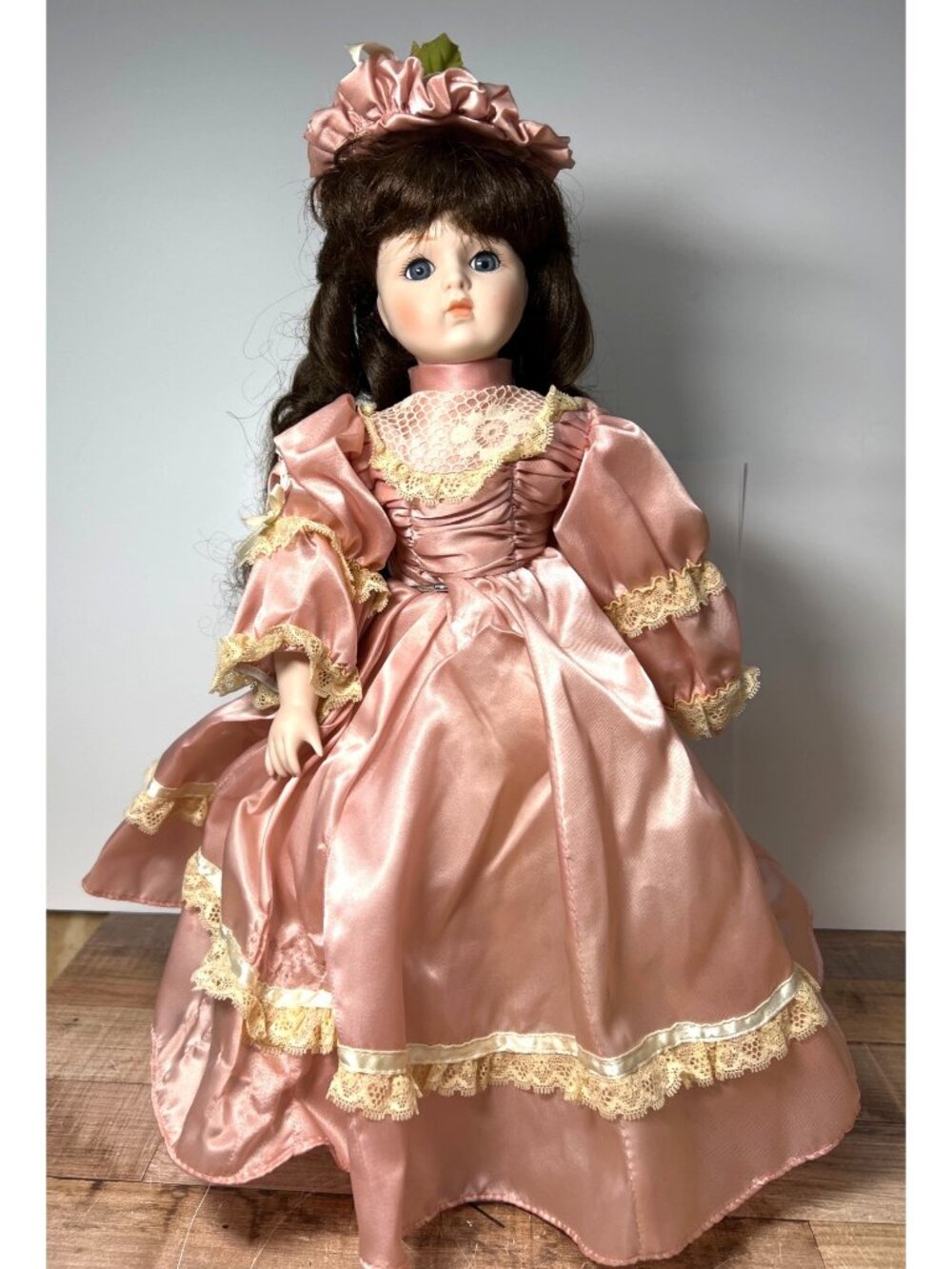 Porcelain Doll In Pink Satin Victorian Gown With Lace Trim Curled Brown Hair